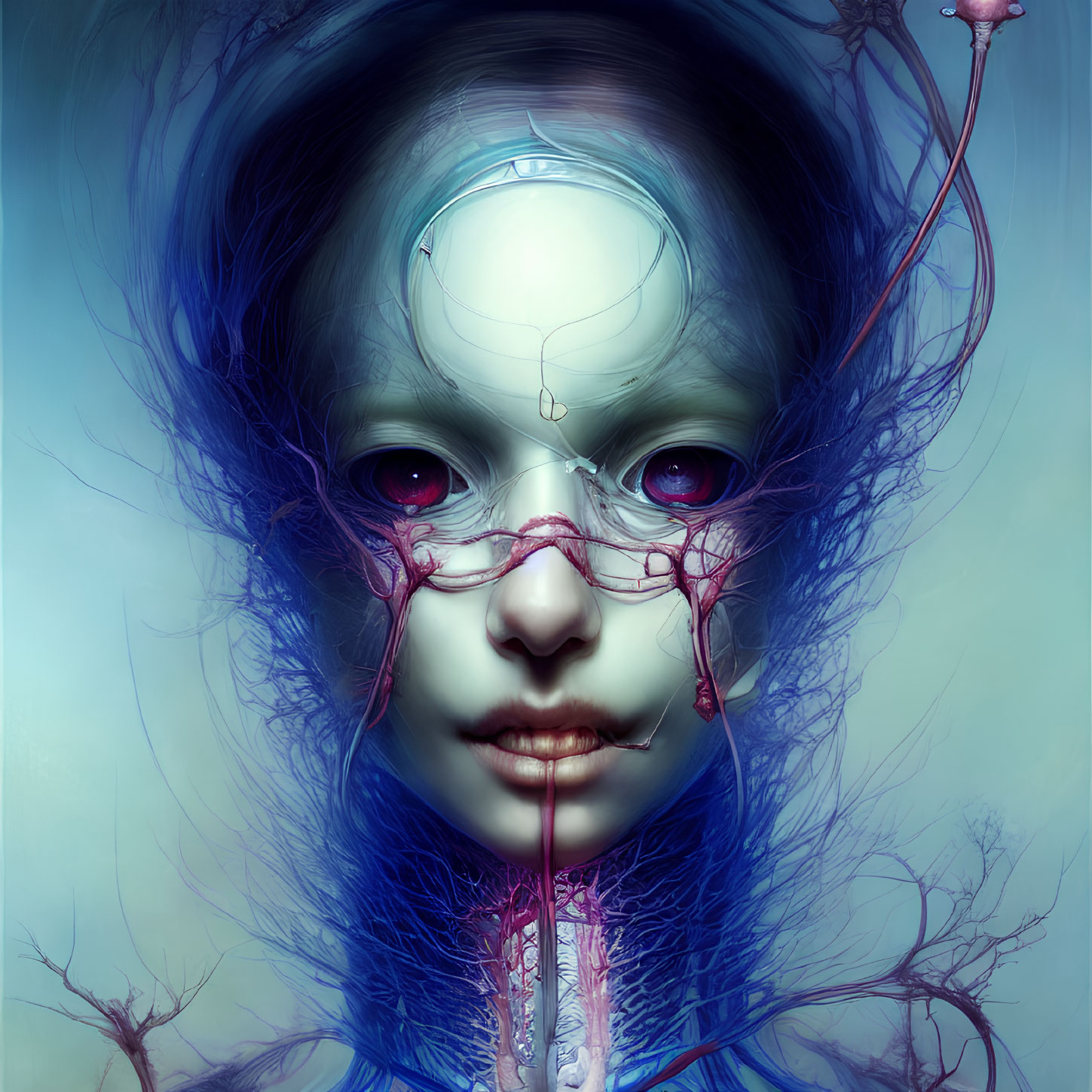 Surreal portrait: pale cracked face, large eyes, blue tendrils