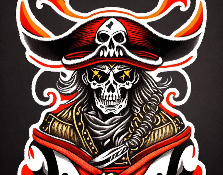 Skeletal pirate illustration with red and black hat, gold-trimmed jacket, sword, fiery background