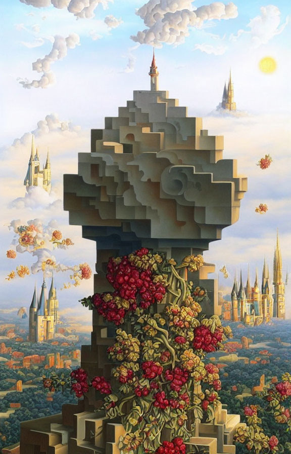 Surreal landscape with stepped mountain, red flowers, floating castles, blue sky.