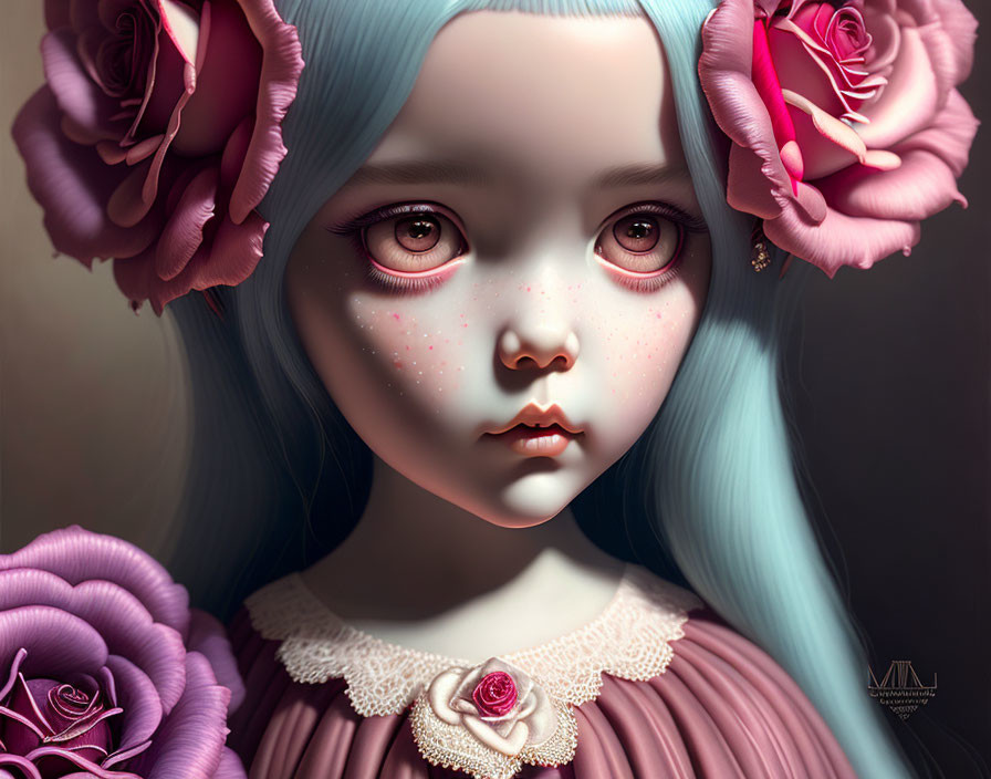 Digital Art: Girl with Blue Hair and Roses in Muted Background