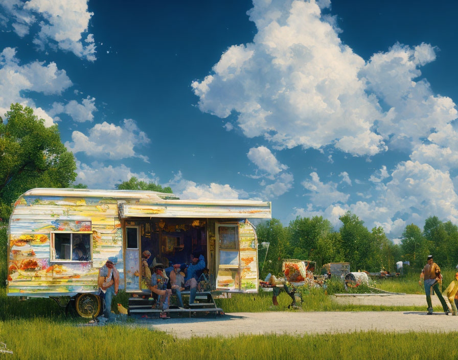 Colorful Caravan in Sunlit Setting with People lounging under Blue Sky