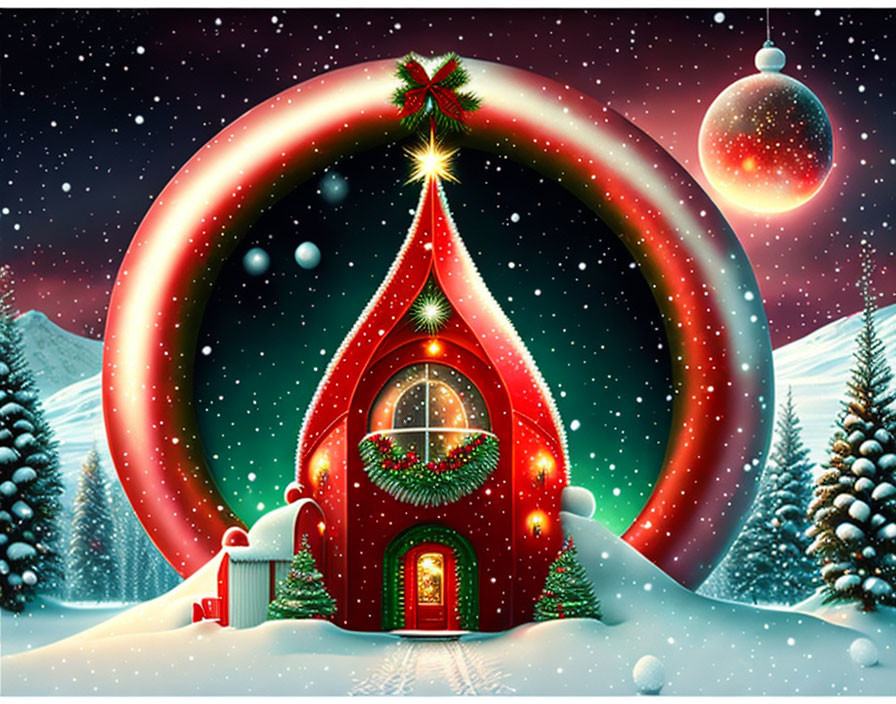 Whimsical Christmas scene with red tree-shaped house and snowy mountains