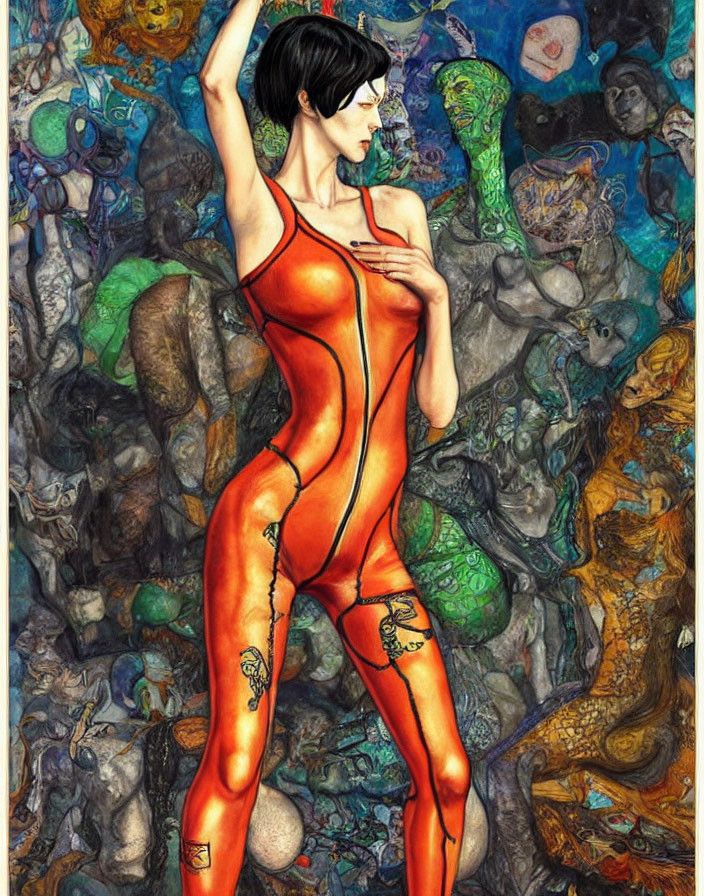 Colorful surreal illustration of woman in orange bodysuit among abstract elements