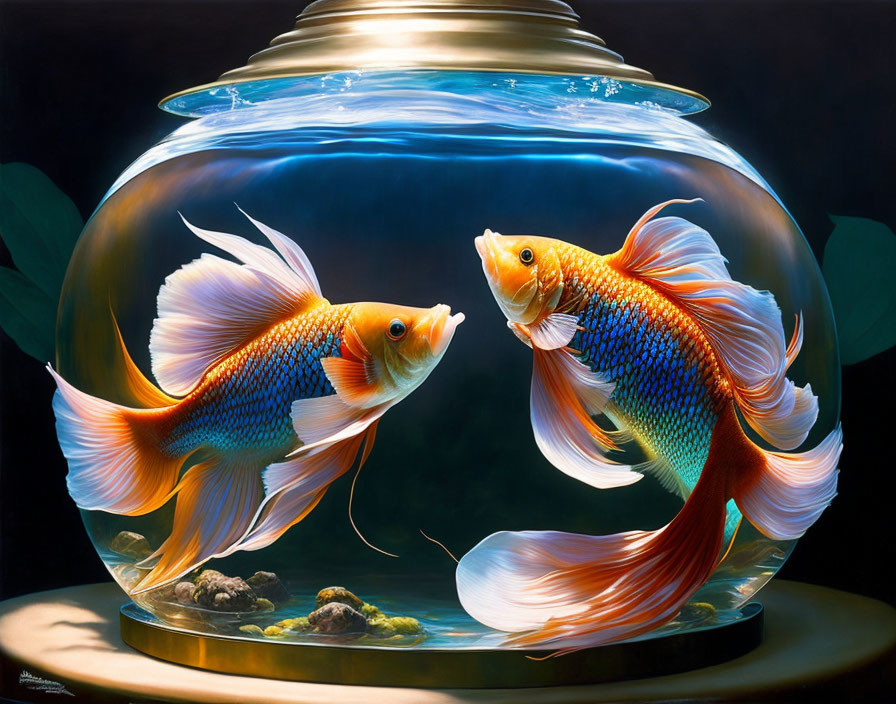 Colorful goldfish in round fishbowl with dark leafy backdrop