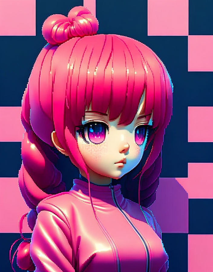 Anime-style female character with pink hair and purple eyes in pink outfit on blue background