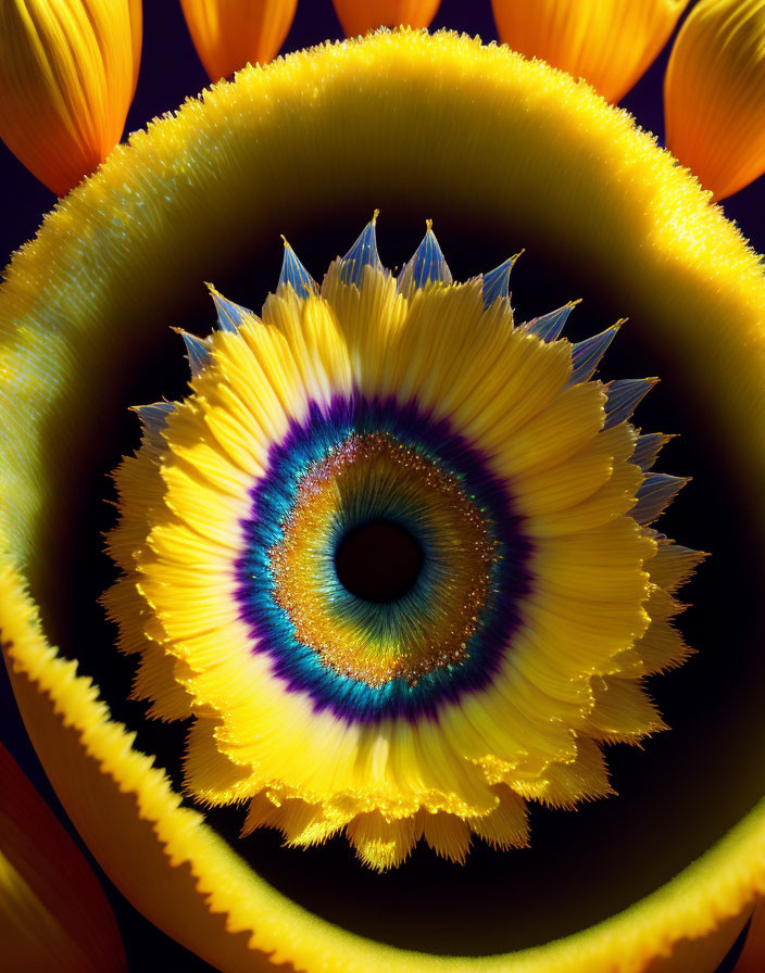 Vibrant sunflower with dark center and yellow-orange petals on dark background