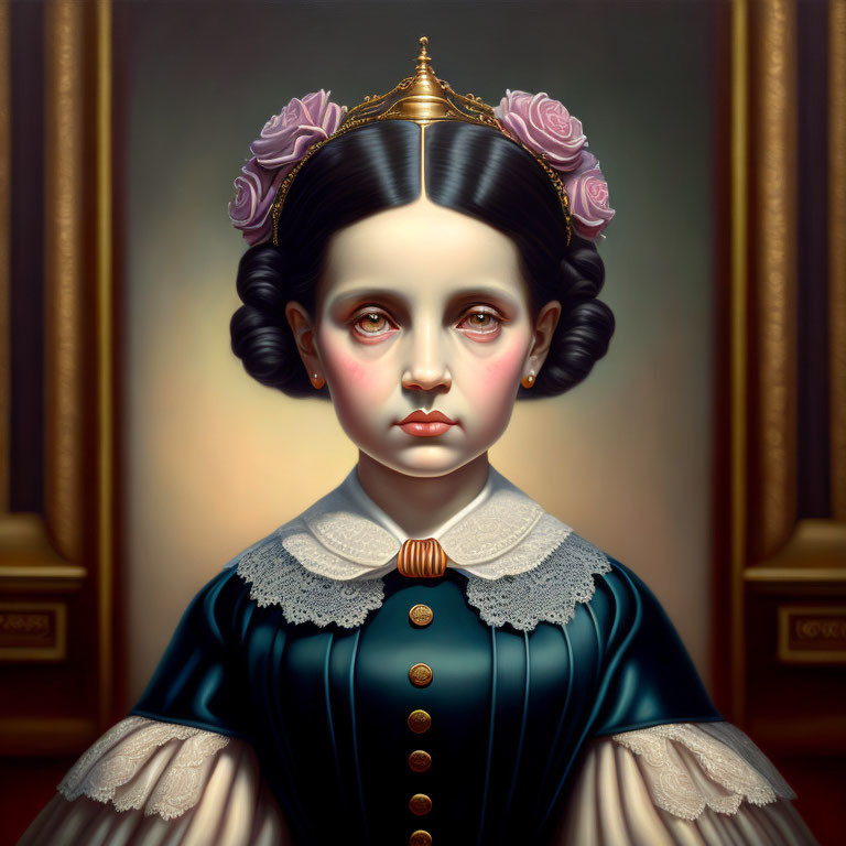 Portrait of young girl with large eyes, crown, purple roses, Victorian dress