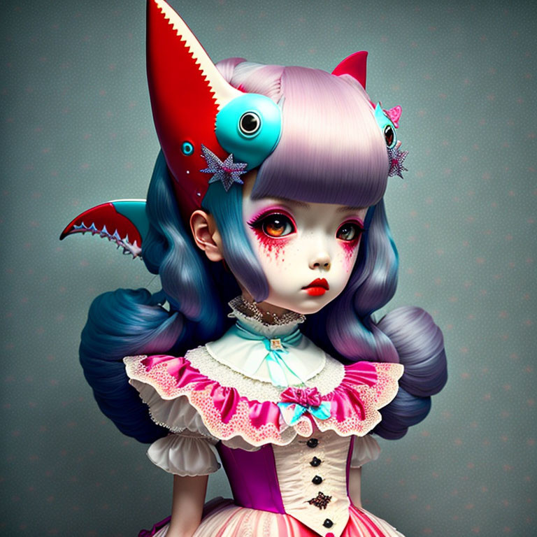 Digital artwork: Girl with expressive eyes, lavender hair, shark-like hat, and sea-themed decorations