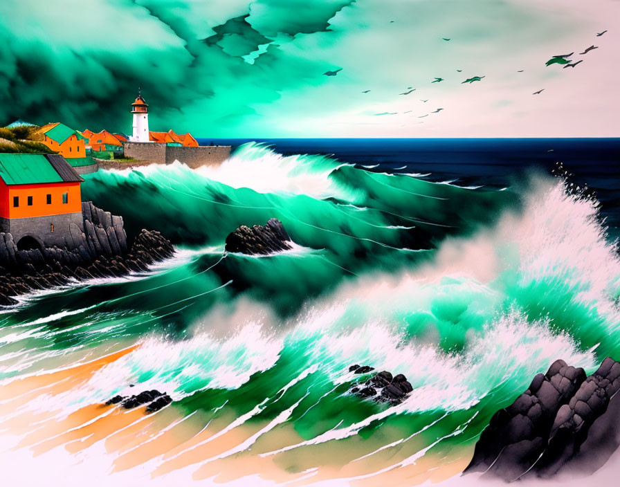 Lighthouse by the Sea: Vibrant Artwork of Emerald Waves and Teal Sky