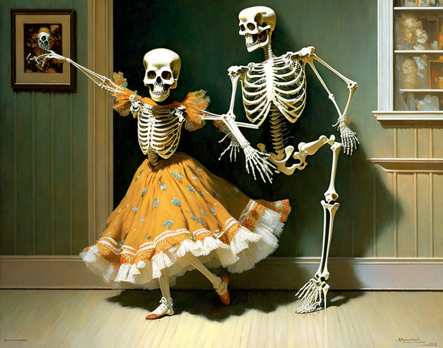 Skeletons in domestic setting dancing in dress and bowtie