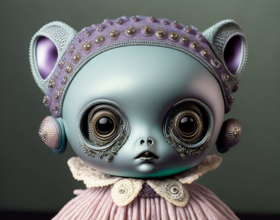 Creepy doll with dark eyes and intricate headdress on neutral backdrop