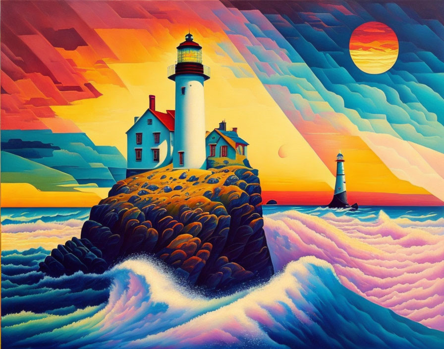 Scenic painting of lighthouse on rocky outcrop at sunset