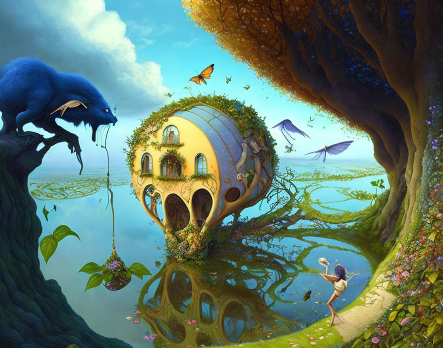 Fantastical landscape with blue creature, treehouse, butterflies, and person gazing.