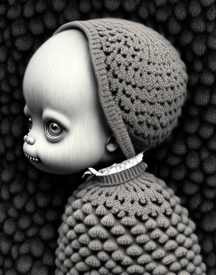 Character with oversized pale head and black eyes in knit cap on dark background