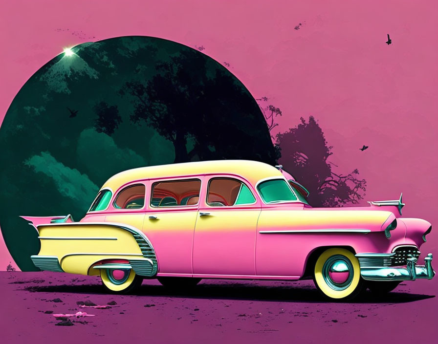 Vintage Pink and Yellow Car with Chrome Details in Front of Stylized Green Moon and Birds in Pink