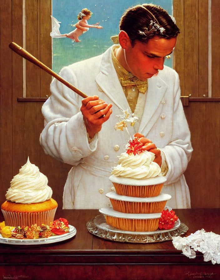 Man in white suit decorates cupcakes with cherubic guidance