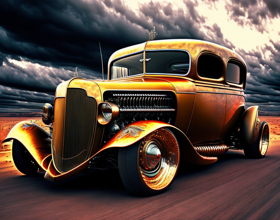 Customized Vintage Car with Vibrant Flame Detailing on Desert Road