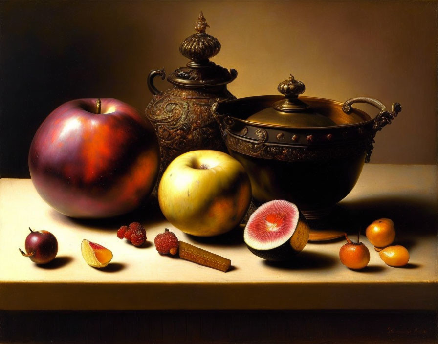 Classic still life painting with apples, berries, nuts, and metal bowls