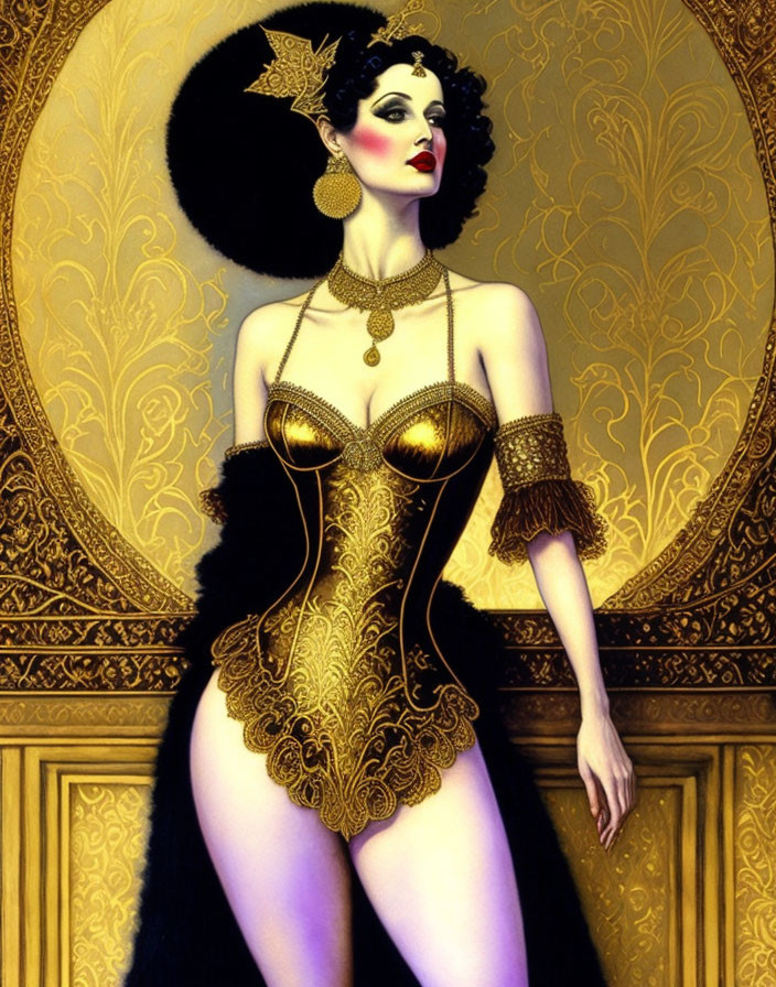 Illustrated woman in gold corset and accessories on patterned background