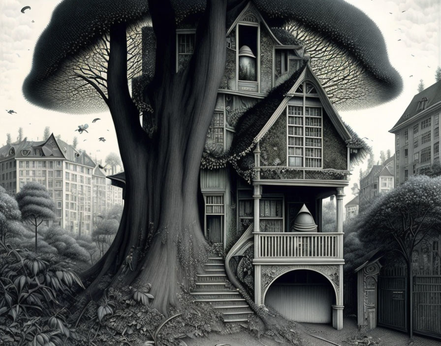 Detailed black and white illustration of a treehouse in a charming town