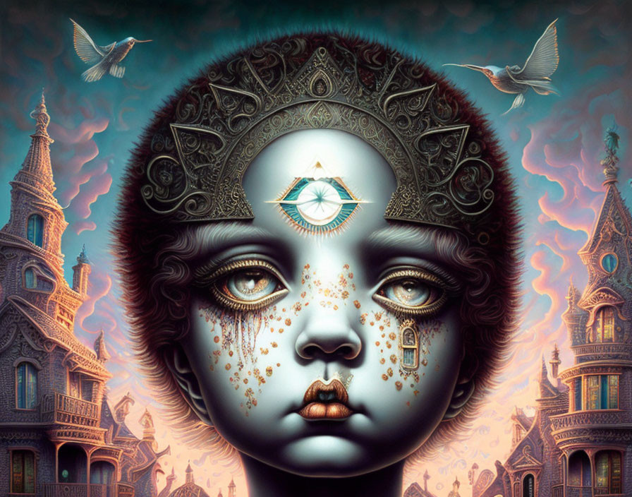 Surreal artwork featuring face with eye on forehead, ornate headpiece, birds, and towering