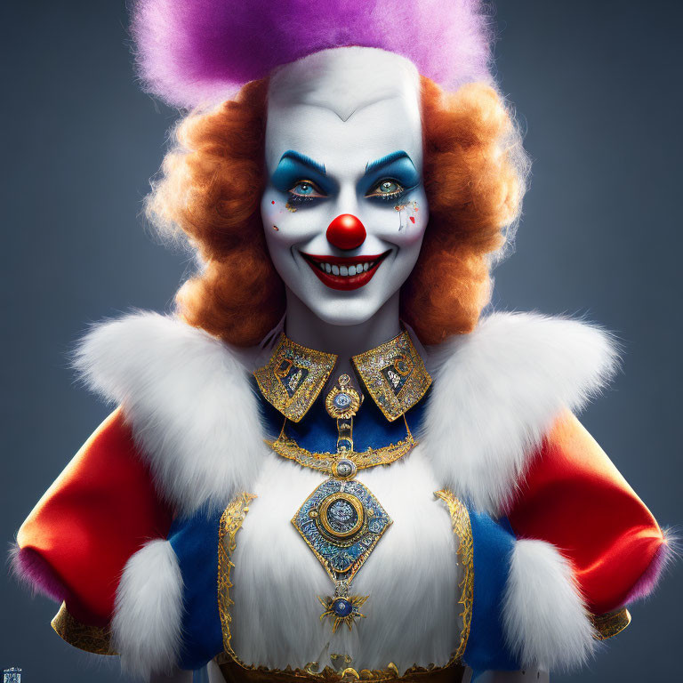 Vibrant clown with purple hair, red nose, regal costume, gold accents