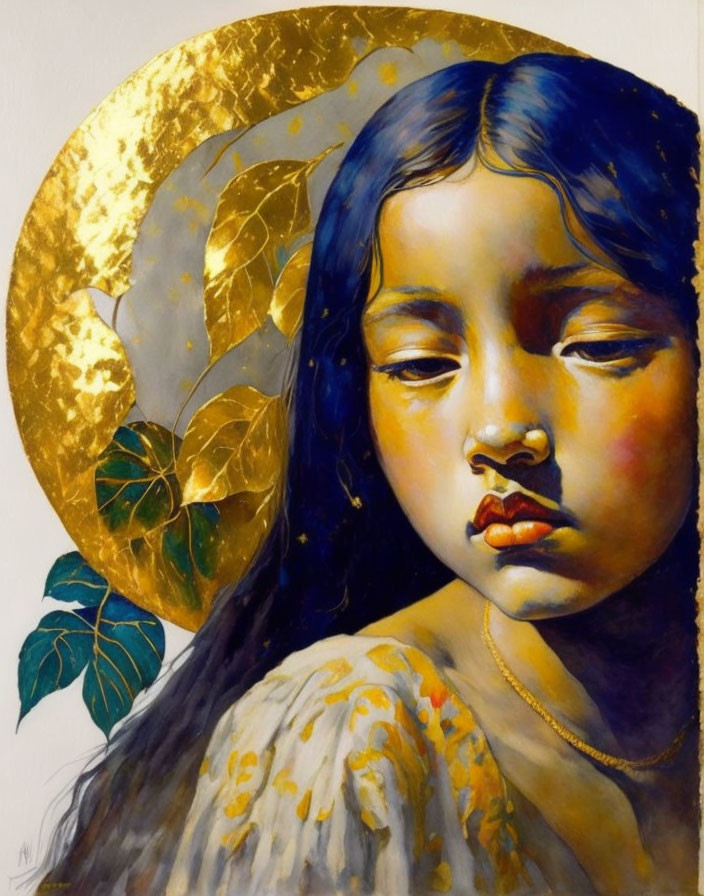 Girl with Closed Eyes and Golden Leaf Halo in Yellow Dress - Serene Painting