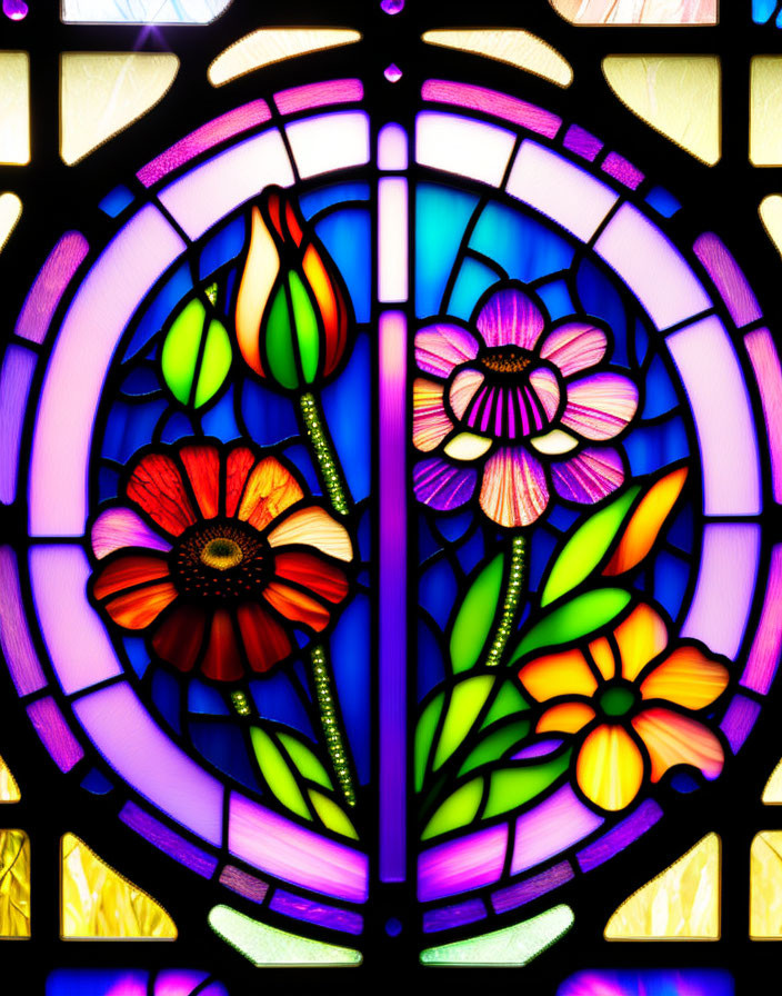 Colorful Flower Stained Glass Window with Poppy and Daisy