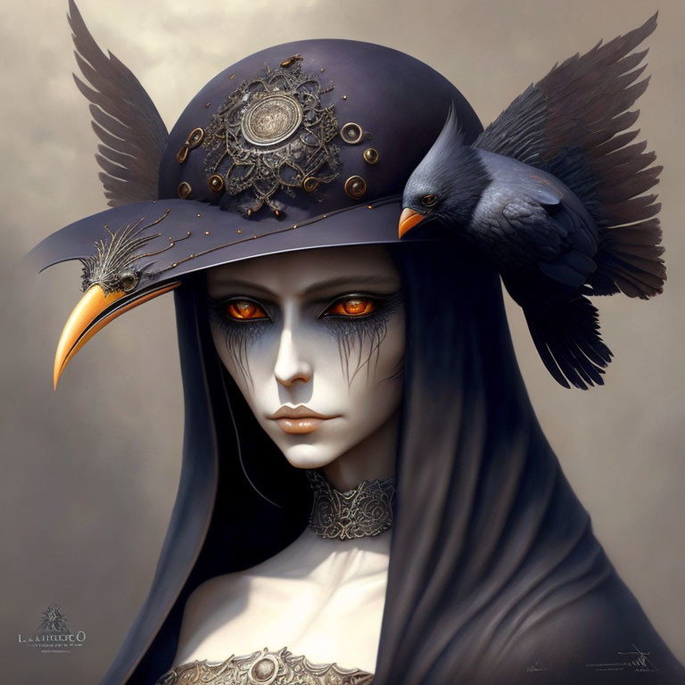 Pale figure with orange eyes in steampunk hat with raven perch