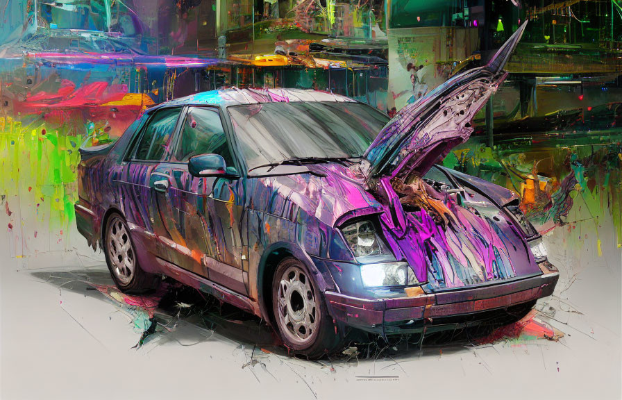 Abstract art: Realistic car merged with dynamic splashes of vivid paint