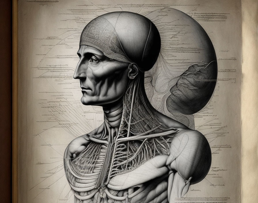 Detailed Vintage Human Musculature and Head Skeletal Structure Illustration