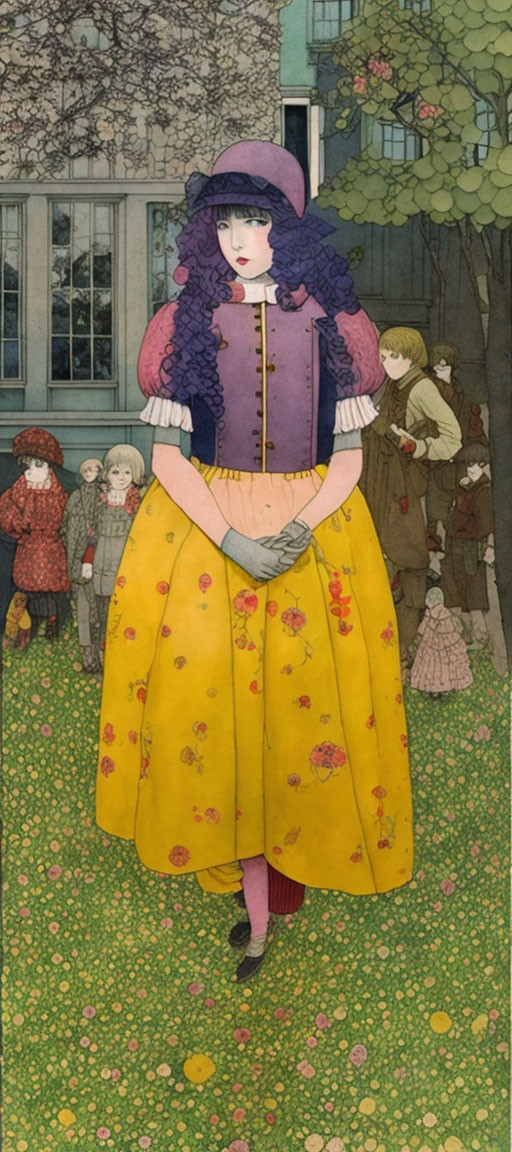 Vintage purple and yellow dress girl in front of traditional house with period attire people.