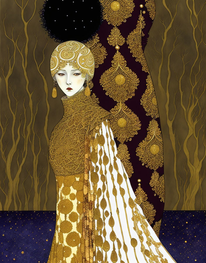 Pale woman adorned with gold patterns on dark background with stars