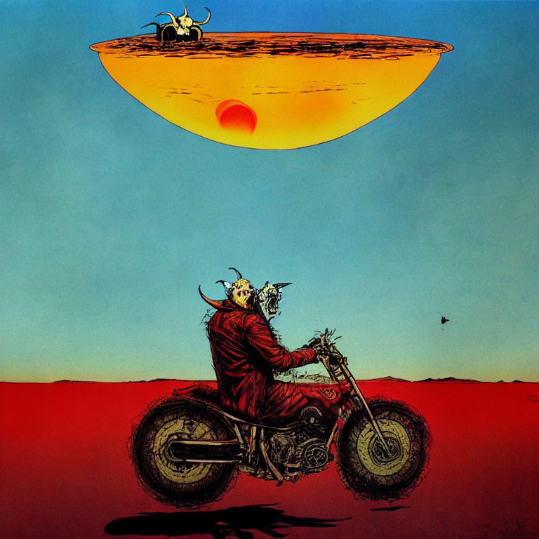 Surreal Viking on Motorcycle with Dog and Oversized Sun