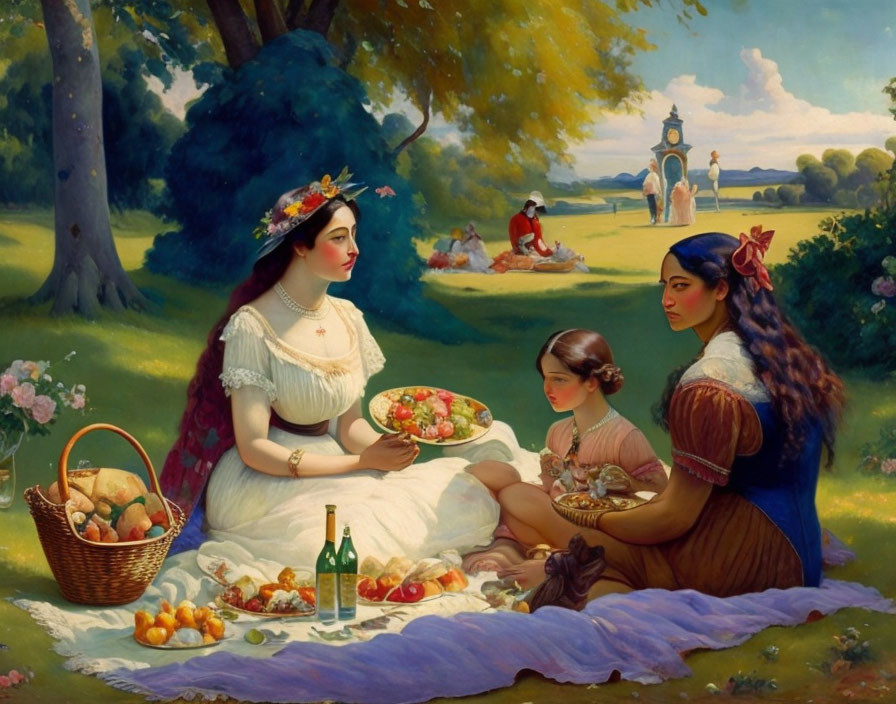 Traditional attire women picnic in lush meadow with fruit basket and wine bottle