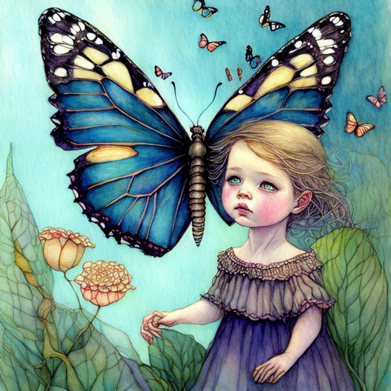Young girl with sad eyes in butterfly-like pose among green foliage