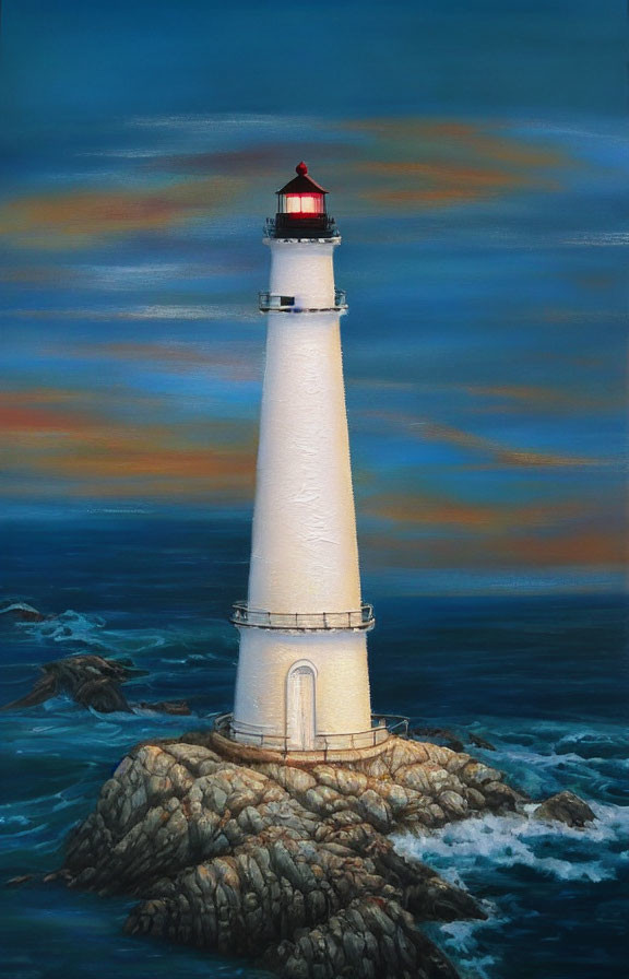 White Lighthouse with Red Beacon on Rugged Rocks at Sunset