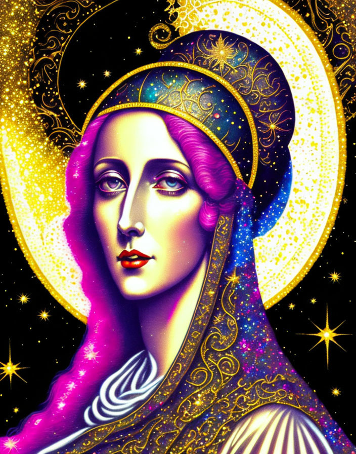 Celestial-themed woman artwork with stars, moon, and cosmic patterns