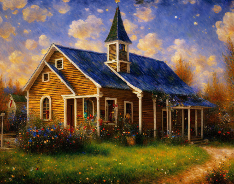 Wooden church with blooming flowers under sunset sky