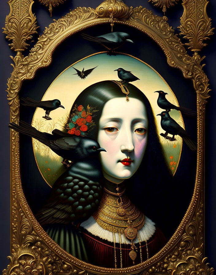 Detailed Gothic Arch Frame Surrounding Pale Woman Portrait with Blackbirds