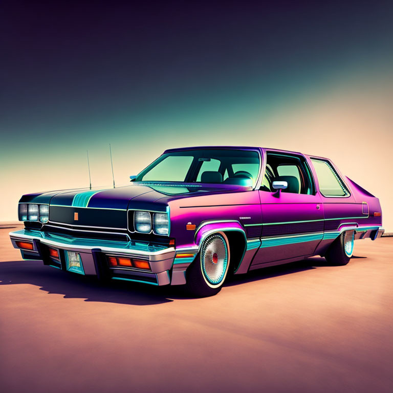 Vintage Car with Colorful Gradient Paint Job Under Pastel Sky