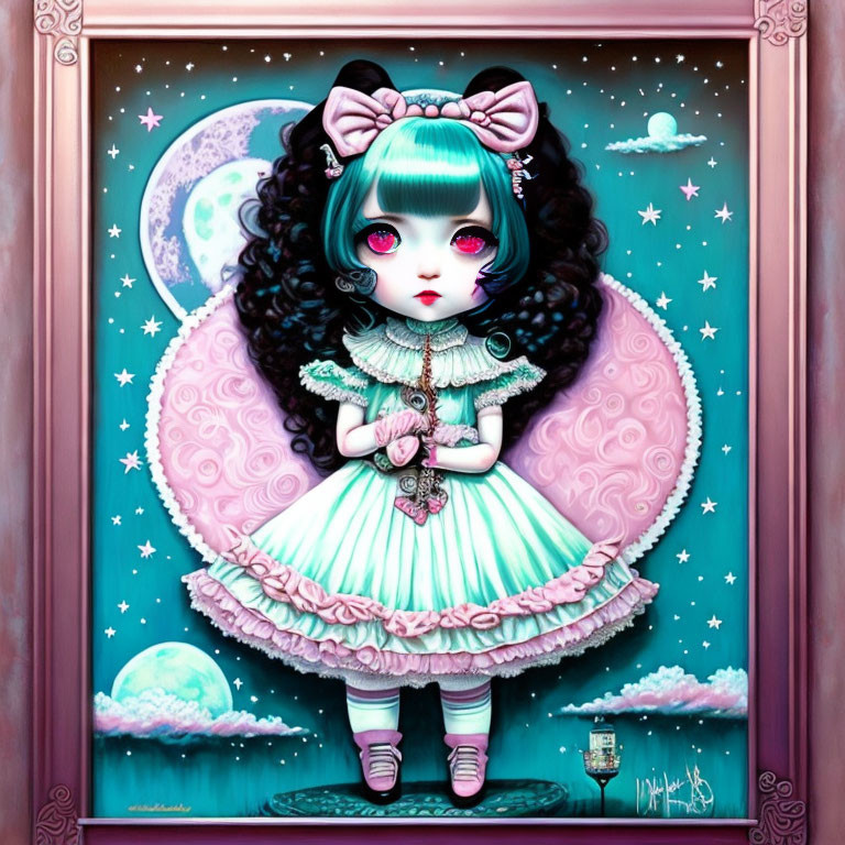 Illustrated doll-like girl in pastel gothic Lolita outfit with fantasy moon backdrop