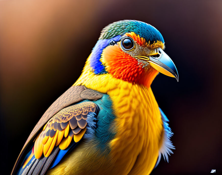 Colorful Bird with Detailed Feathers and Sharp Beak on Blurred Background