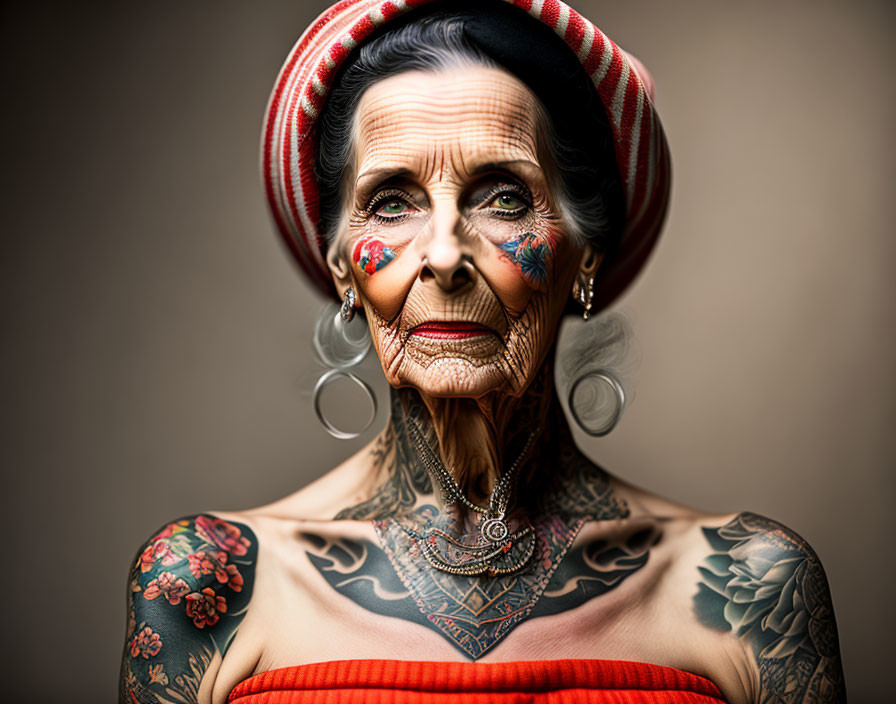 Elderly woman with tattoos, earrings, and striped hat