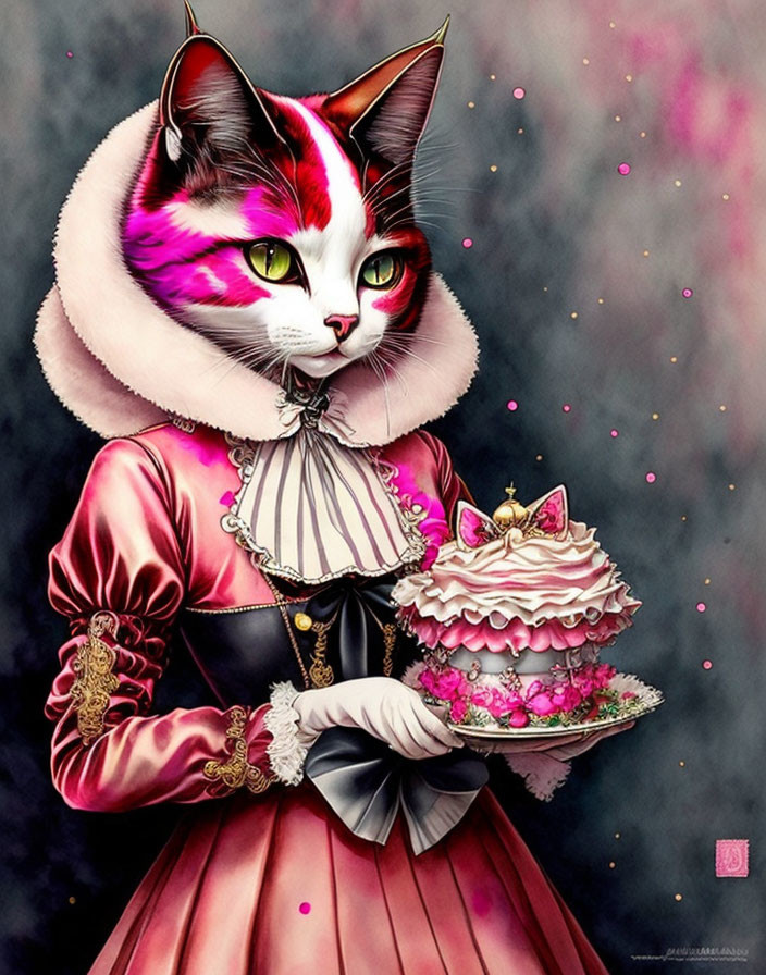 Elegant anthropomorphic cat in pink and white dress with cake