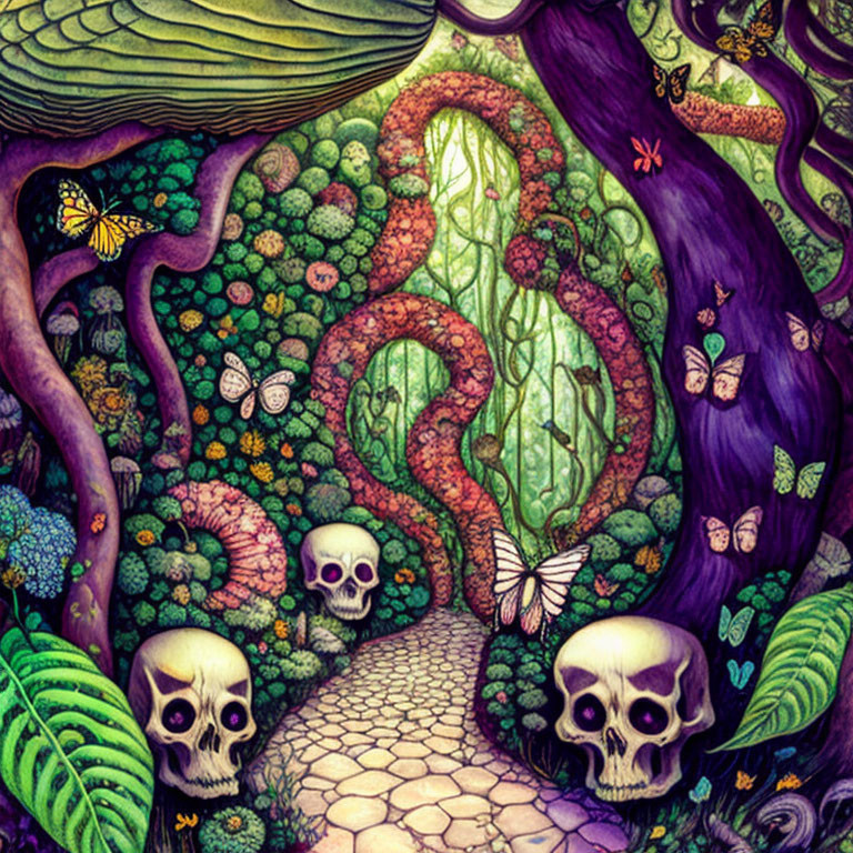 Lush forest path with butterflies and skulls in a mystical setting