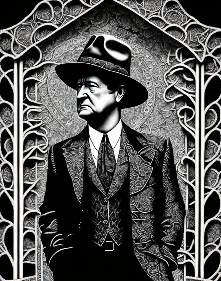 Monochrome illustration of stern man in fedora and suit against ornate backdrop