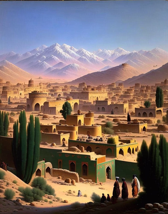 Vibrant painting of ancient city with adobe buildings, cypress trees, and snowy mountains