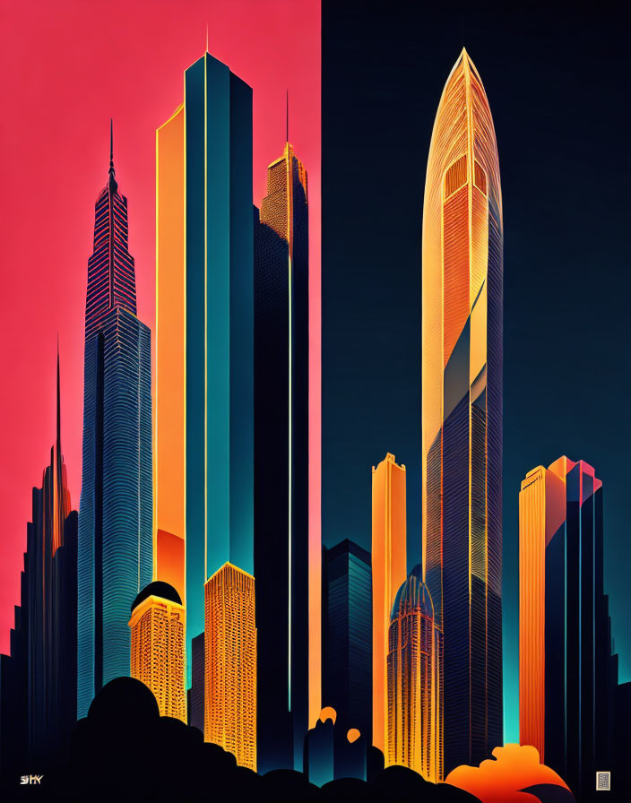 Digital artwork: Split cityscapes with skyscrapers on sunset sky