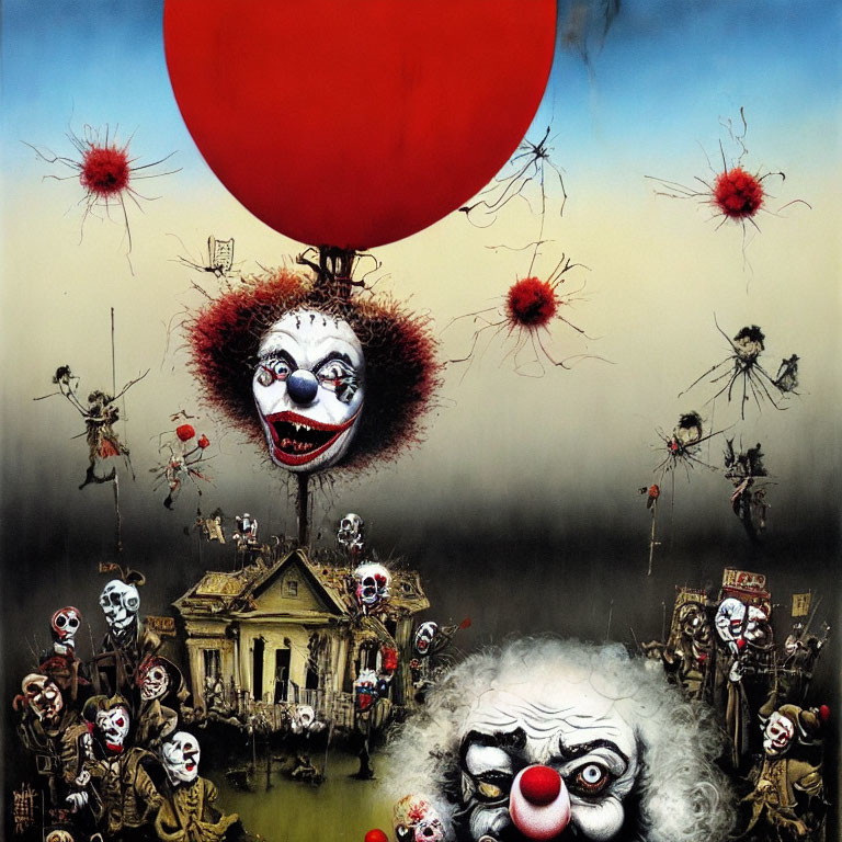 Surreal painting: Clowns, red balloon, dilapidated house, macabre fest